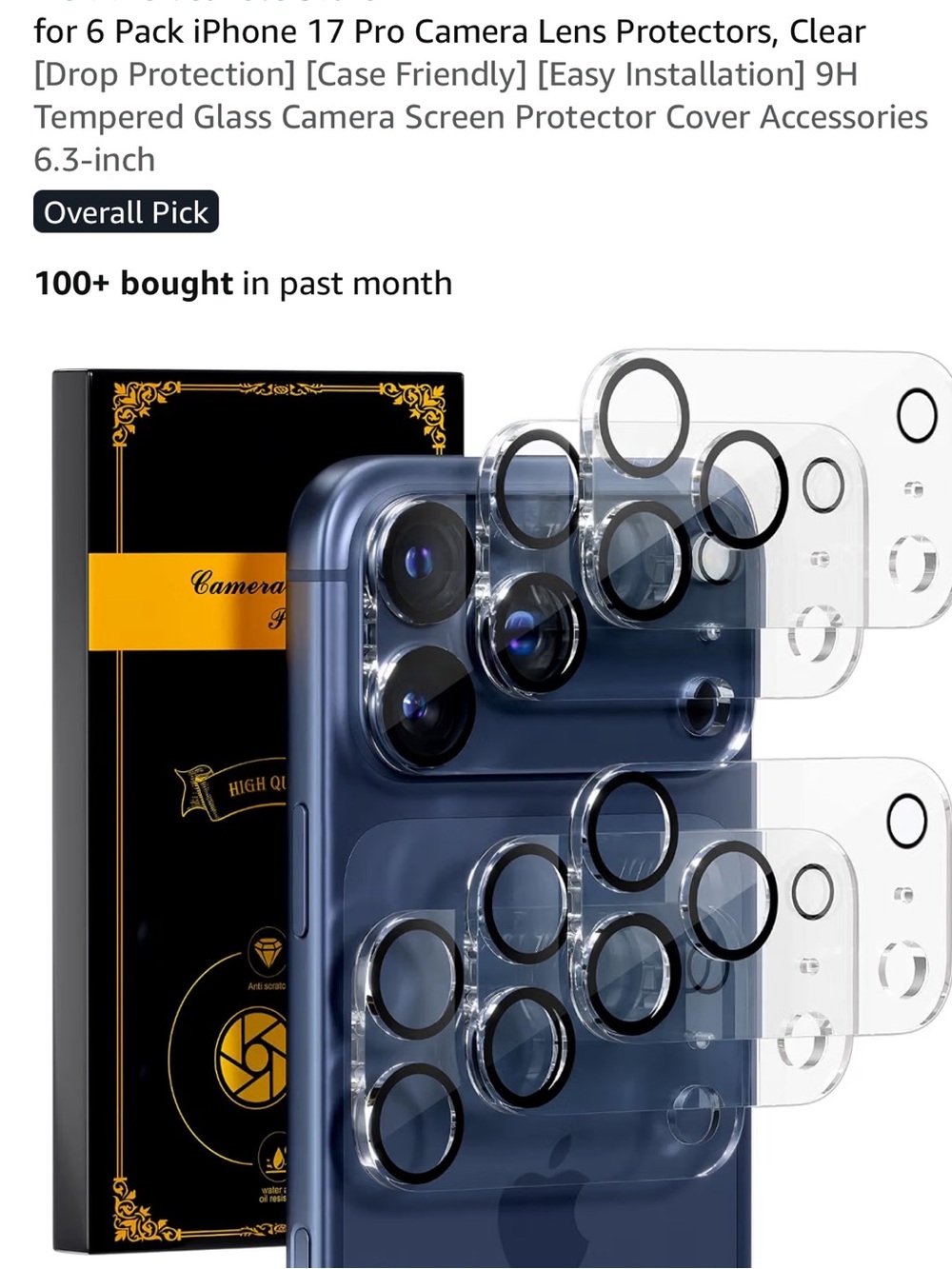 6pack  I phone 17 pro camera lens protector clear drop protection 6.3 inch NEW